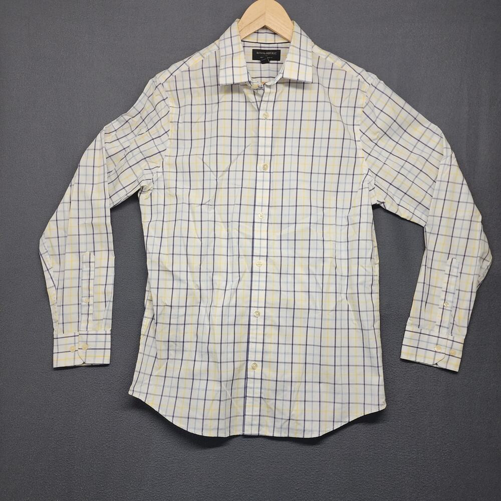 Banana Republic Shirt Mens 15-15.5 Medium 33-34 Slim Fit Windowpane Plaid Easter